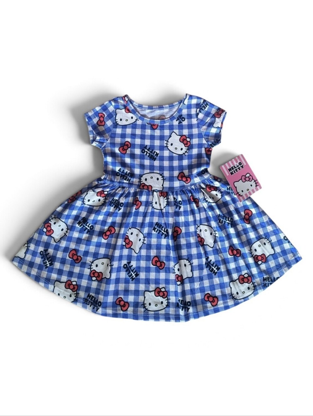 Sanrio Hello Kitty Allover Print Blue and White Checkered Short Sleeve Dress 2T